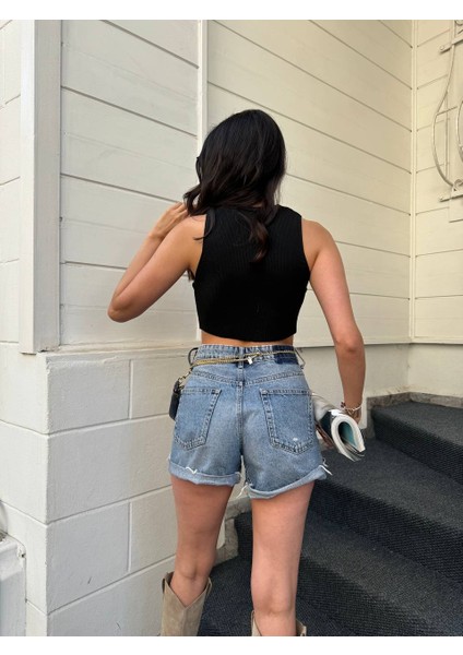 Düğmeli Triko Crop Yelek