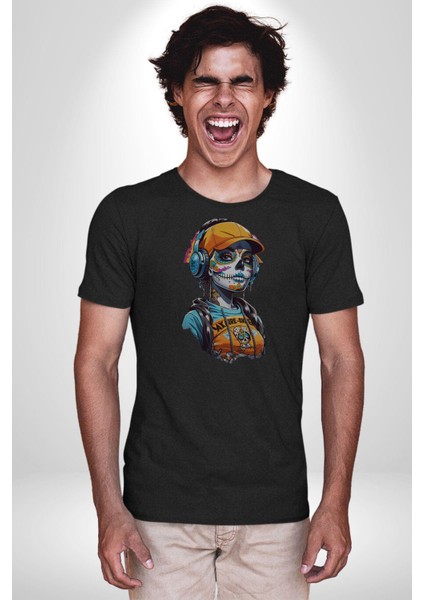 Robot Kız Müzik Kulaklık Şapka Kadın Erkek Unisex Siyah Organik Baskılı T-Shirt Penye Yüksek Kalite modelleri