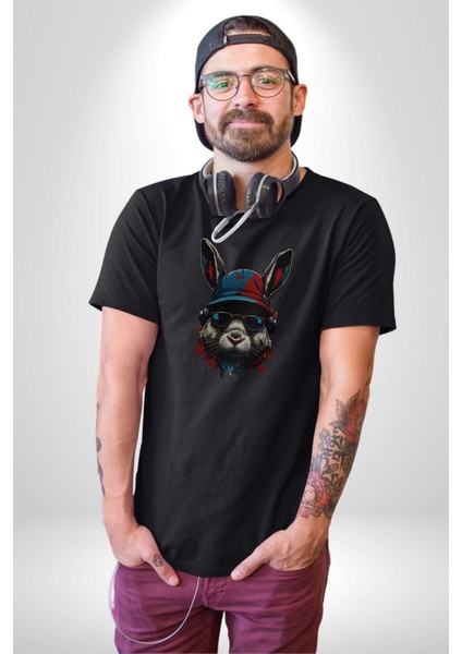 Müzik Şapka Gözlük Takan Tavşan Kadın Erkek Unisex Siyah Organik Baskılı T-Shirt Penye Yüksek Kalite