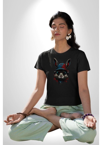 Müzik Şapka Gözlük Takan Tavşan Kadın Erkek Unisex Siyah Organik Baskılı T-Shirt Penye Yüksek Kalite fiyatları