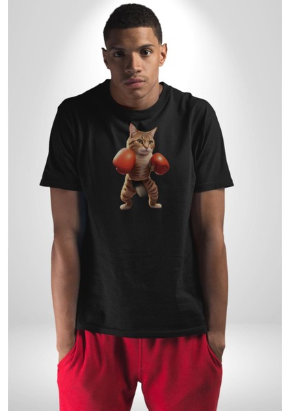 Boks Yapan Kedi Kadın Erkek Unisex Siyah Organik Baskılı T-Shirt Penye Yüksek Kalite