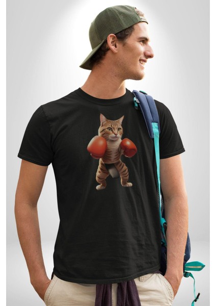 Boks Yapan Kedi Kadın Erkek Unisex Siyah Organik Baskılı T-Shirt Penye Yüksek Kalite indirimleri