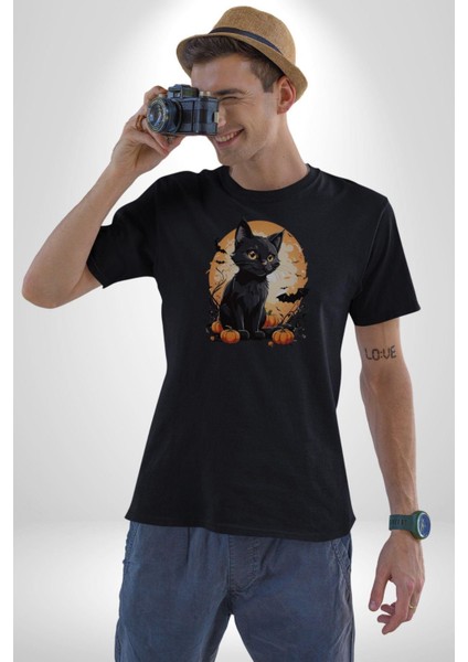 Cadılar Bayramı Kedi Kadın Erkek Unisex Siyah Organik Baskılı T-Shirt Penye Yüksek Kalite
