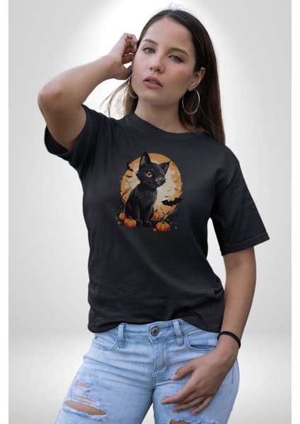Cadılar Bayramı Kedi Kadın Erkek Unisex Siyah Organik Baskılı T-Shirt Penye Yüksek Kalite