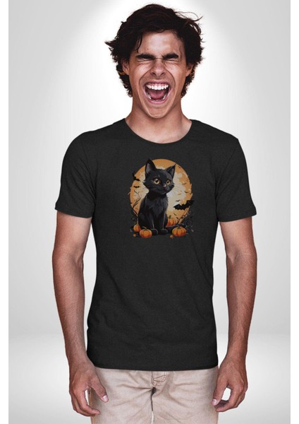 Cadılar Bayramı Kedi Kadın Erkek Unisex Siyah Organik Baskılı T-Shirt Penye Yüksek Kalite
