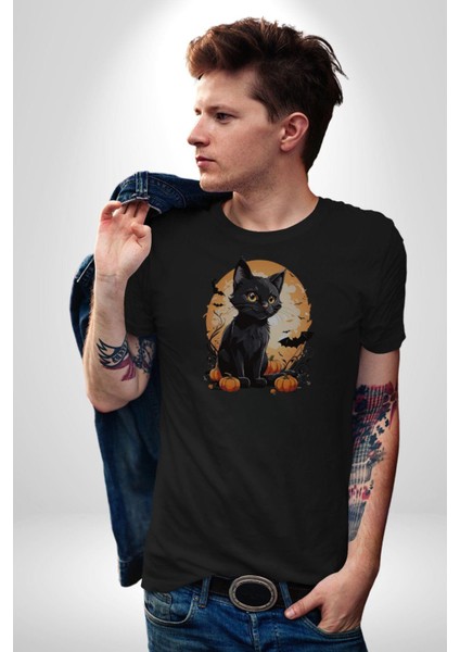 Cadılar Bayramı Kedi Kadın Erkek Unisex Siyah Organik Baskılı T-Shirt Penye Yüksek Kalite
