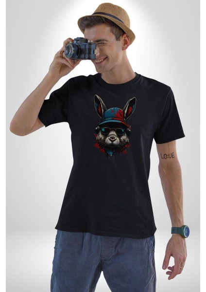Müzik Şapka Gözlük Takan Tavşan Kadın Erkek Unisex Siyah Organik Baskılı T-Shirt Penye Yüksek Kalite fırsatları