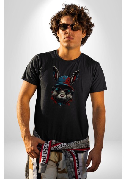 Müzik Şapka Gözlük Takan Tavşan Kadın Erkek Unisex Siyah Organik Baskılı T-Shirt Penye Yüksek Kalite indirimleri