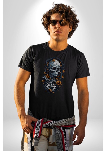 Cadılar Bayramı Kuru Kafa Kadın Erkek Unisex Siyah Organik Baskılı T-Shirt Penye Yüksek Kalite