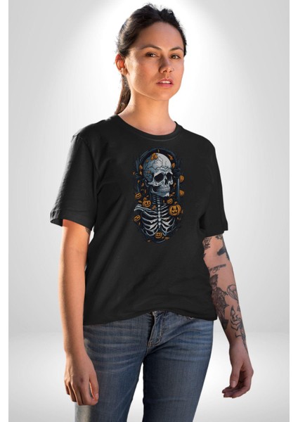 Cadılar Bayramı Kuru Kafa Kadın Erkek Unisex Siyah Organik Baskılı T-Shirt Penye Yüksek Kalite