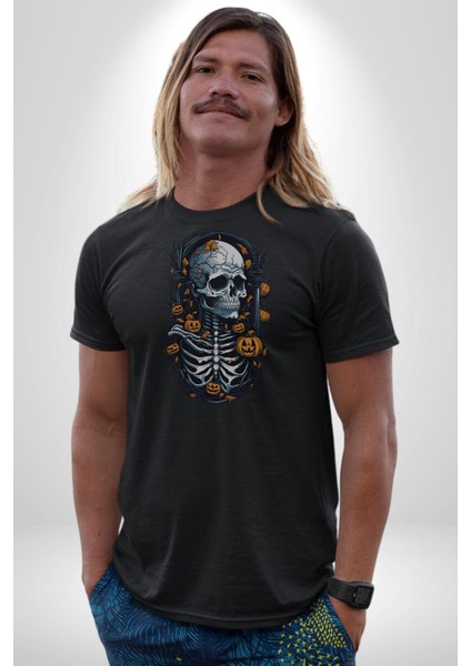 Cadılar Bayramı Kuru Kafa Kadın Erkek Unisex Siyah Organik Baskılı T-Shirt Penye Yüksek Kalite