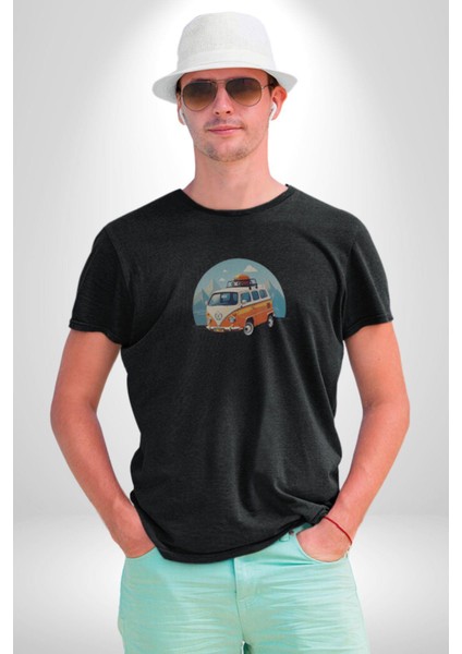 Wolkswagen Karavan Kış Gezisi Kadın Erkek Unisex Siyah Organik Baskılı T-Shirt Penye Yüksek Kalite