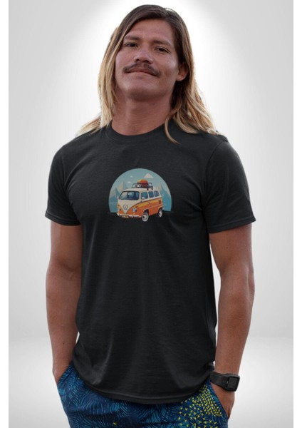 Wolkswagen Karavan Kış Gezisi Kadın Erkek Unisex Siyah Organik Baskılı T-Shirt Penye Yüksek Kalite indirimleri