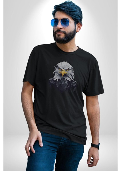 Siyah Siyah Şahin Kafası Kadın Erkek Unisex Siyah Organik Baskılı T-Shirt Penye Yüksek Kalite indirimleri