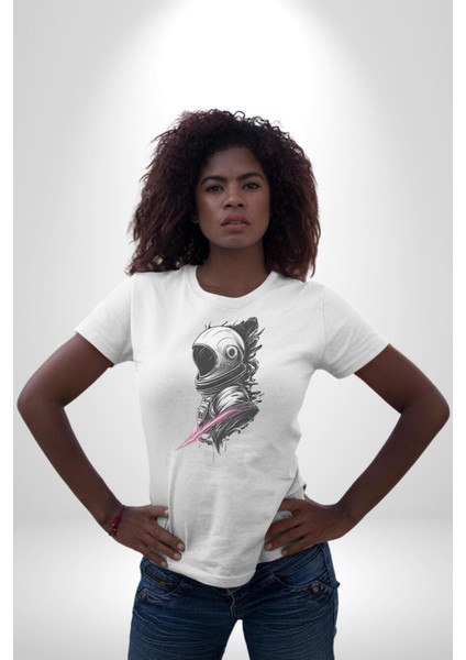 Astronot Kafası Kadın Erkek Unisex Beyaz Organik Baskılı T-Shirt Penye Yüksek Kalite