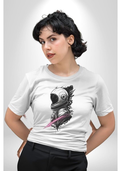 Astronot Kafası Kadın Erkek Unisex Beyaz Organik Baskılı T-Shirt Penye Yüksek Kalite fiyatları