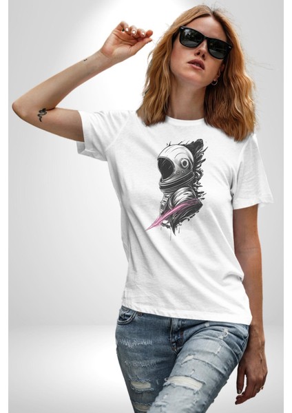 Astronot Kafası Kadın Erkek Unisex Beyaz Organik Baskılı T-Shirt Penye Yüksek Kalite fırsatları