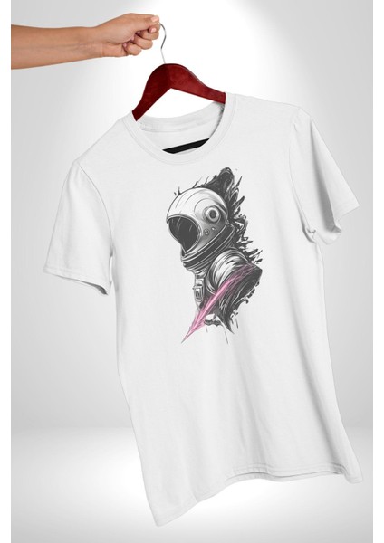 Astronot Kafası Kadın Erkek Unisex Beyaz Organik Baskılı T-Shirt Penye Yüksek Kalite indirimleri