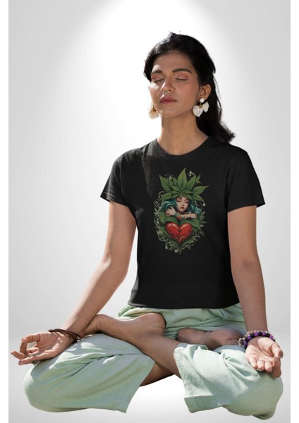 Kalp Parmak Kız Yeşillik Mutluluk Kadın Erkek Unisex Siyah Organik Baskılı T-Shirt Penye Yüksek Kalite