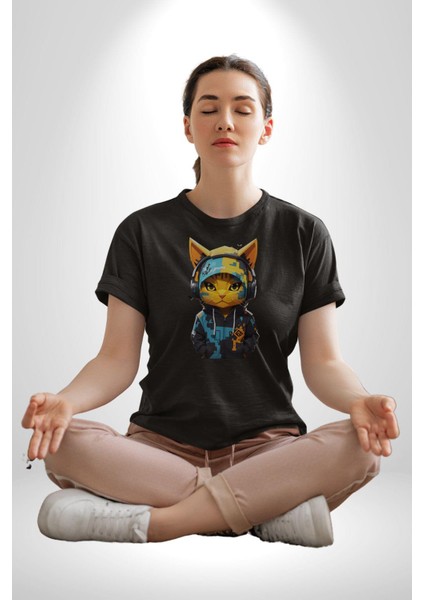 Bandana Kedi Kulaklık Çeket Kadın Erkek Unisex Siyah Organik Baskılı T-Shirt Penye Yüksek Kalite fiyatları