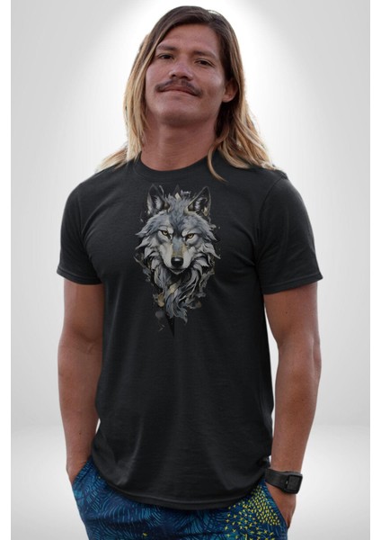 Siyah Kurt Kadın Erkek Unisex Siyah Organik Baskılı T-Shirt Penye Yüksek Kalite
