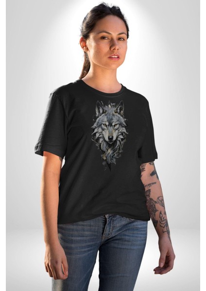 Siyah Kurt Kadın Erkek Unisex Siyah Organik Baskılı T-Shirt Penye Yüksek Kalite