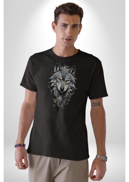 Siyah Kurt Kadın Erkek Unisex Siyah Organik Baskılı T-Shirt Penye Yüksek Kalite