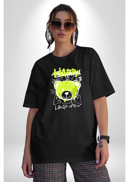 Sık Sık Mutlu Gülmek Teddy Bear Pamuklu Bisiklet Yaka Kadın Erkek Oversize Boyfriend Dijital Baskılı Siyah T-Shirt fiyatları