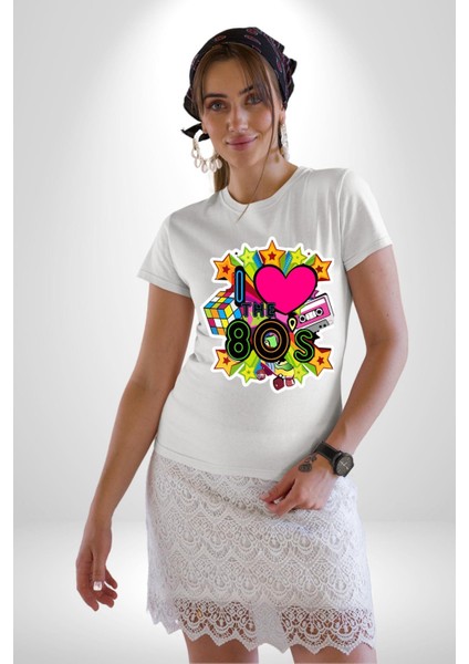 80LERI Seviyorum Kaset ve Özel Hediye Kadın Erkek Unisex Beyaz Organik Baskılı T-Shirt Penye Yüksek Kalite