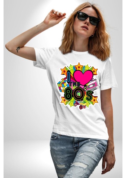 80LERI Seviyorum Kaset ve Özel Hediye Kadın Erkek Unisex Beyaz Organik Baskılı T-Shirt Penye Yüksek Kalite modelleri