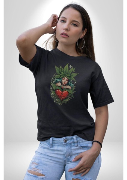 Kalp Parmak Kız Yeşillik Mutluluk Kadın Erkek Unisex Siyah Organik Baskılı T-Shirt Penye Yüksek Kalite indirimleri