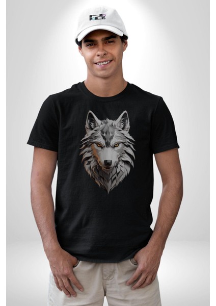 Siyah Kurt Kafası Kadın Erkek Unisex Siyah Organik Baskılı T-Shirt Penye Yüksek Kalite