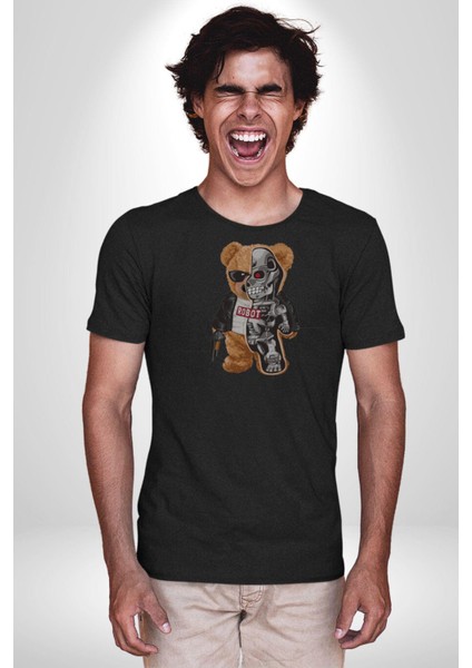 Robot Ayı Güneş Gözlüğü Kadın Erkek Unisex Siyah Organik Baskılı T-Shirt Penye Yüksek Kalite