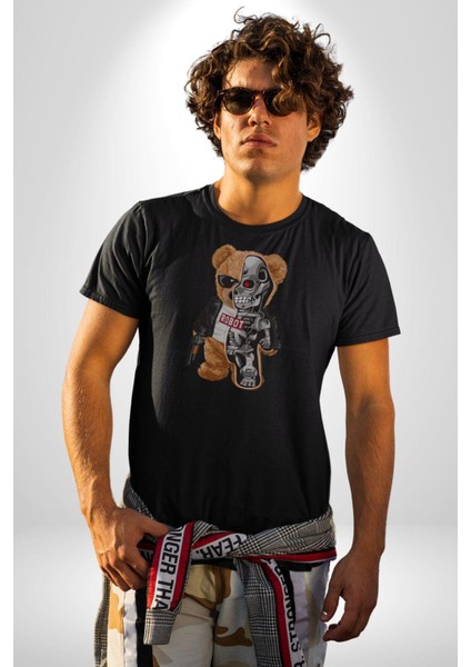 Robot Ayı Güneş Gözlüğü Kadın Erkek Unisex Siyah Organik Baskılı T-Shirt Penye Yüksek Kalite fırsatları