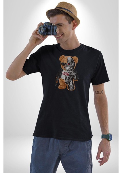 Robot Ayı Güneş Gözlüğü Kadın Erkek Unisex Siyah Organik Baskılı T-Shirt Penye Yüksek Kalite indirimleri