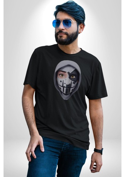 Maske Takan Kahraman Kafası Kadın Erkek Unisex Siyah Organik Baskılı T-Shirt Penye Yüksek Kalite
