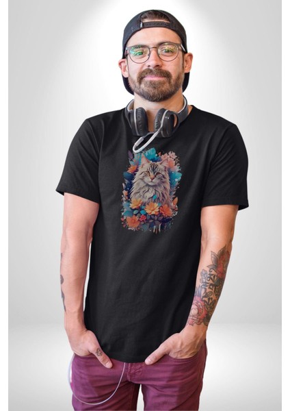 Çiçek Kedi Sulu Boya Kadın Erkek Unisex Siyah Organik Baskılı T-Shirt Penye Yüksek Kalite fiyatları