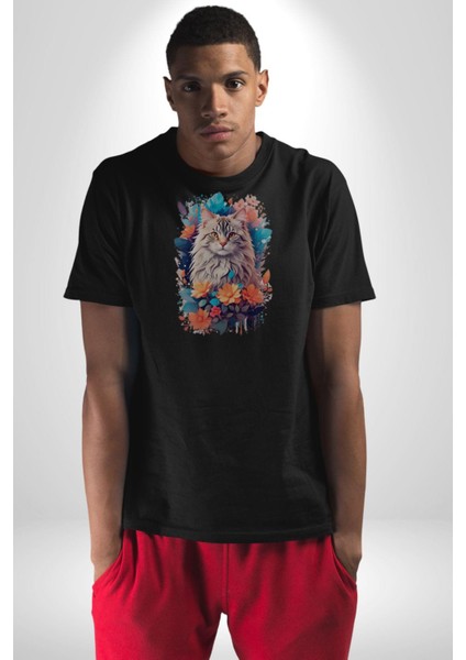 Çiçek Kedi Sulu Boya Kadın Erkek Unisex Siyah Organik Baskılı T-Shirt Penye Yüksek Kalite fırsatları