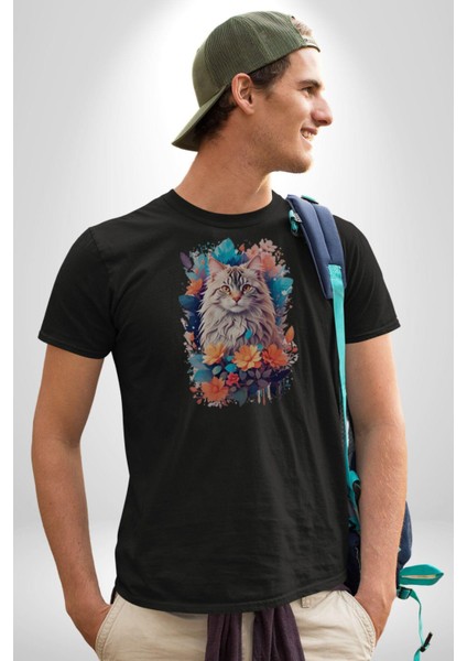 Çiçek Kedi Sulu Boya Kadın Erkek Unisex Siyah Organik Baskılı T-Shirt Penye Yüksek Kalite indirimleri