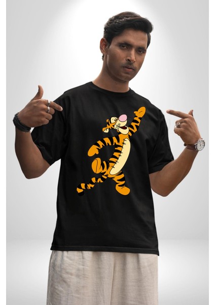 Tigger Pamuklu Bisiklet Yaka Kadın Erkek Oversize Boyfriend Dijital Baskılı Siyah T-Shirt