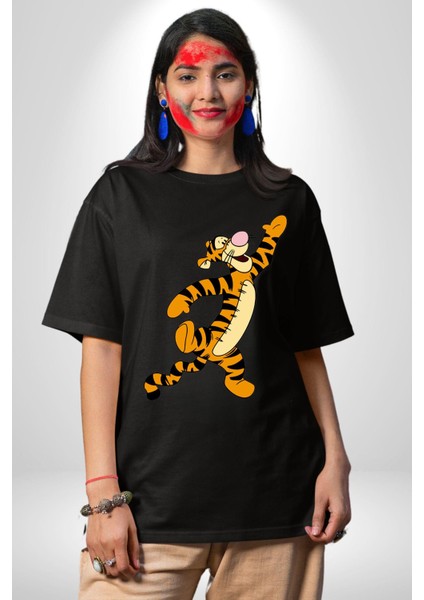 Tigger Pamuklu Bisiklet Yaka Kadın Erkek Oversize Boyfriend Dijital Baskılı Siyah T-Shirt