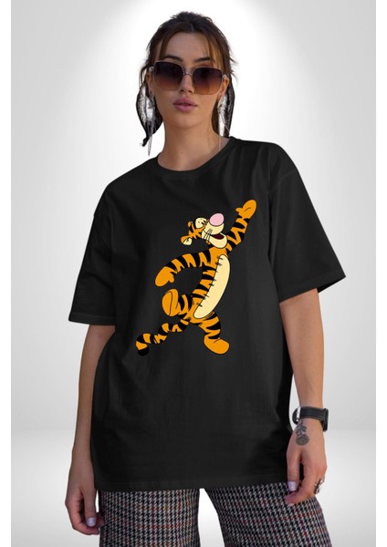 Tigger Pamuklu Bisiklet Yaka Kadın Erkek Oversize Boyfriend Dijital Baskılı Siyah T-Shirt