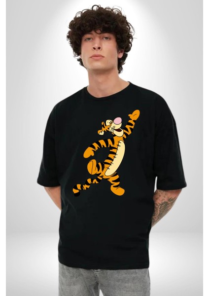 Tigger Pamuklu Bisiklet Yaka Kadın Erkek Oversize Boyfriend Dijital Baskılı Siyah T-Shirt