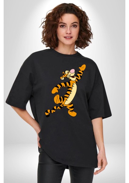 Tigger Pamuklu Bisiklet Yaka Kadın Erkek Oversize Boyfriend Dijital Baskılı Siyah T-Shirt