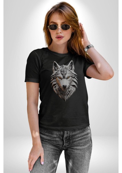 Siyah Kurt Kafası Kadın Erkek Unisex Siyah Organik Baskılı T-Shirt Penye Yüksek Kalite indirimleri