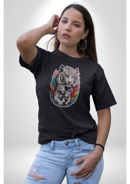 Siyah Kaplan Ailesi Renkli Tüyler Kadın Erkek Unisex Siyah Organik Baskılı T-Shirt Penye Yüksek Kalite