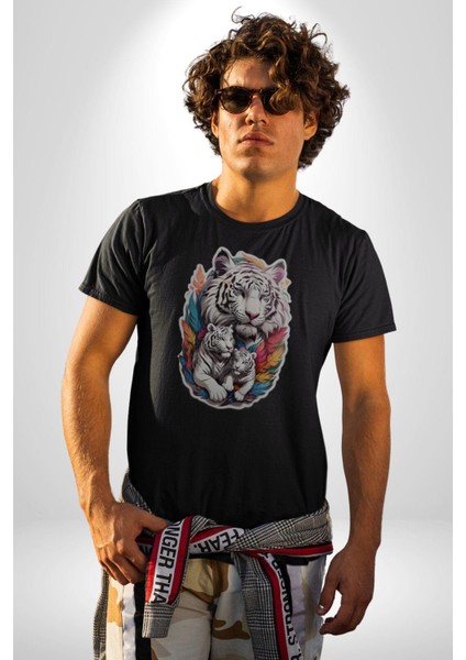 Siyah Kaplan Ailesi Renkli Tüyler Kadın Erkek Unisex Siyah Organik Baskılı T-Shirt Penye Yüksek Kalite fiyatları