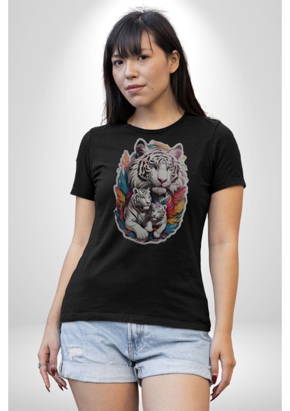 Siyah Kaplan Ailesi Renkli Tüyler Kadın Erkek Unisex Siyah Organik Baskılı T-Shirt Penye Yüksek Kalite modelleri