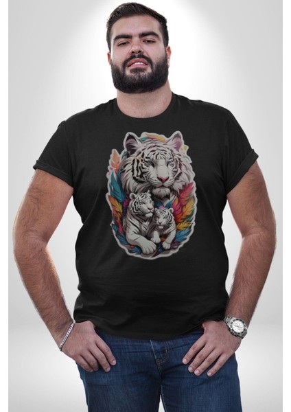 Siyah Kaplan Ailesi Renkli Tüyler Kadın Erkek Unisex Siyah Organik Baskılı T-Shirt Penye Yüksek Kalite fırsatları
