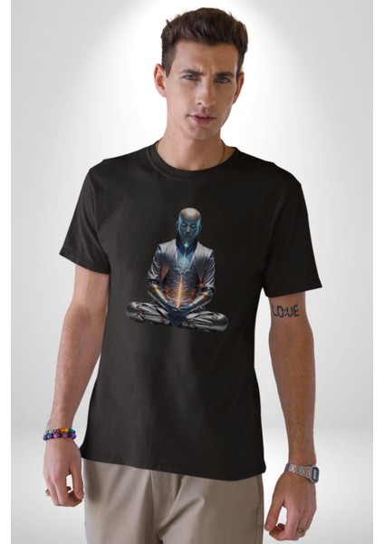 Yeni Nesil Yoga Yapay Zeka Kadın Erkek Unisex Siyah Organik Baskılı T-Shirt Penye Yüksek Kalite fırsatları
